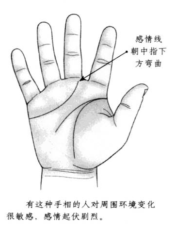 感情线弧度太大，并且朝向中指下方弯曲