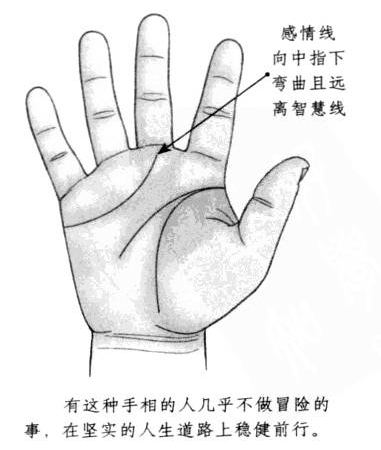 感情线朝向中指下方弯曲，且远离智慧线